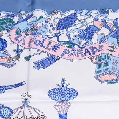 Hermes Silk Twill La Folle Parade Scarf 90 Bleu Jean White Rose 3 of 6