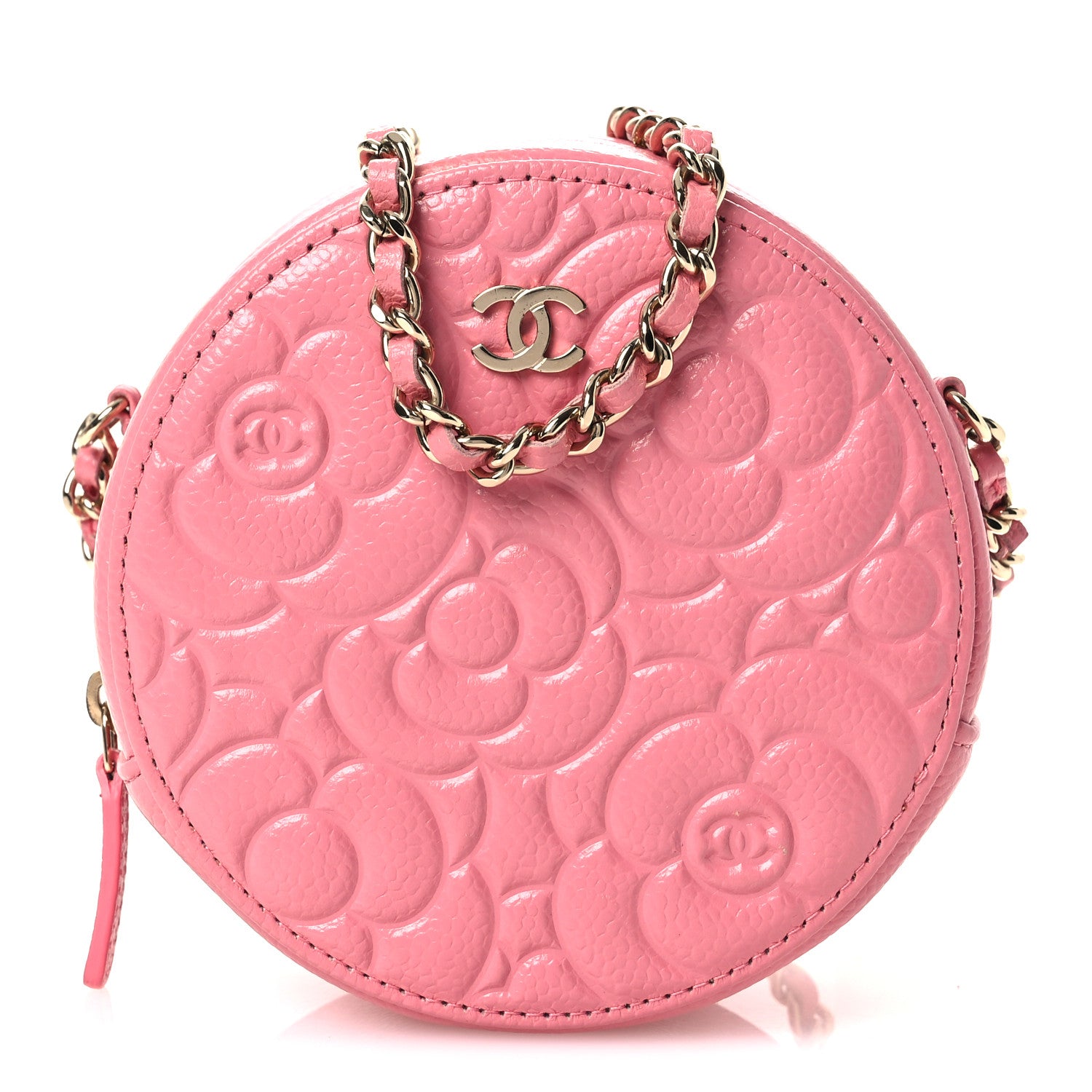 Chanel Caviar Camellia Embossed Round Clutch With Chain Pink 1 of 12