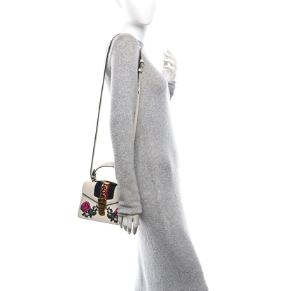 Gucci Calfskin Embroidered Mini Sylvie Top Handle Bag White 2 of 11