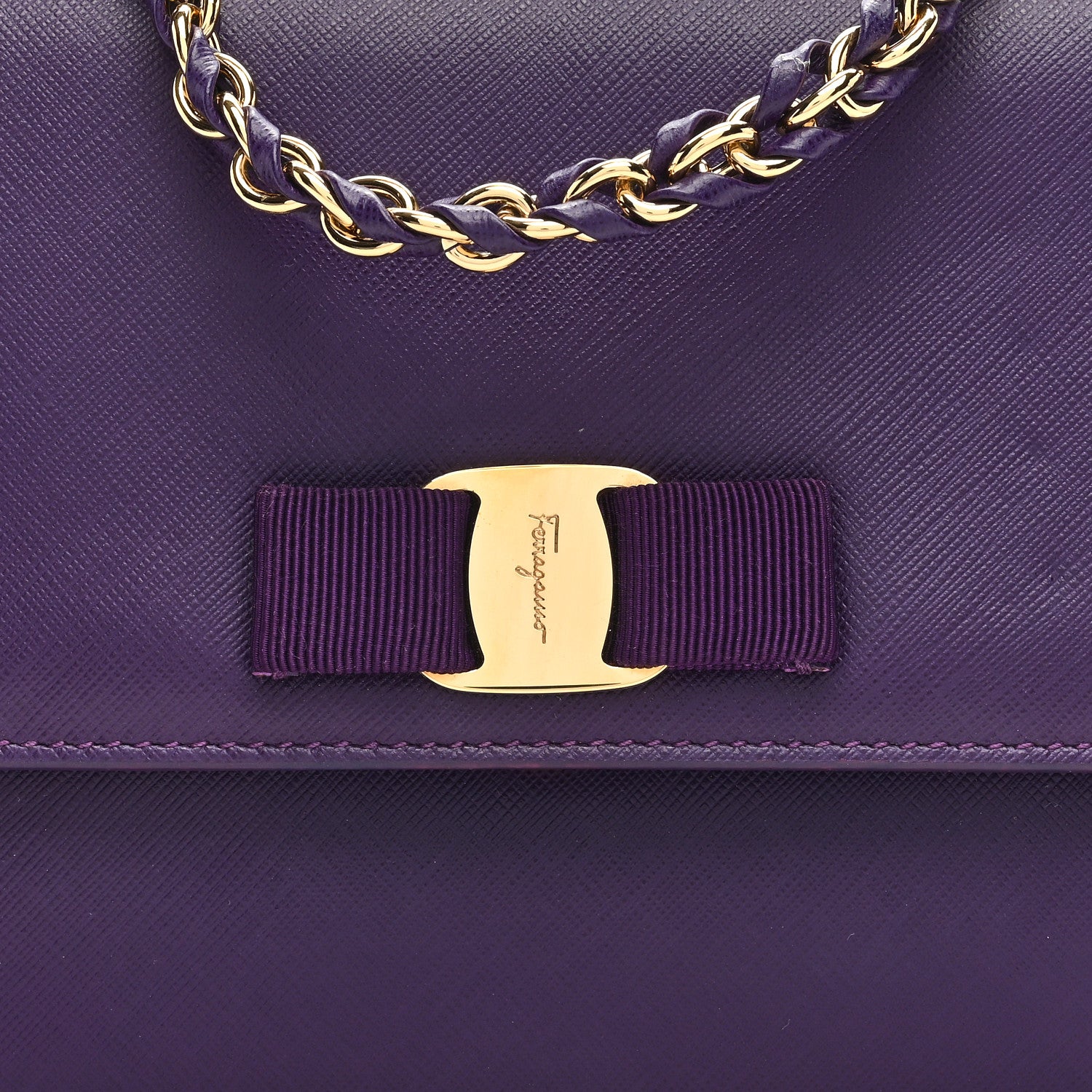 Salvatore Ferragamo Printed Calfskin Vara Bow Chain Flap Crossbody Purple 7 of 9