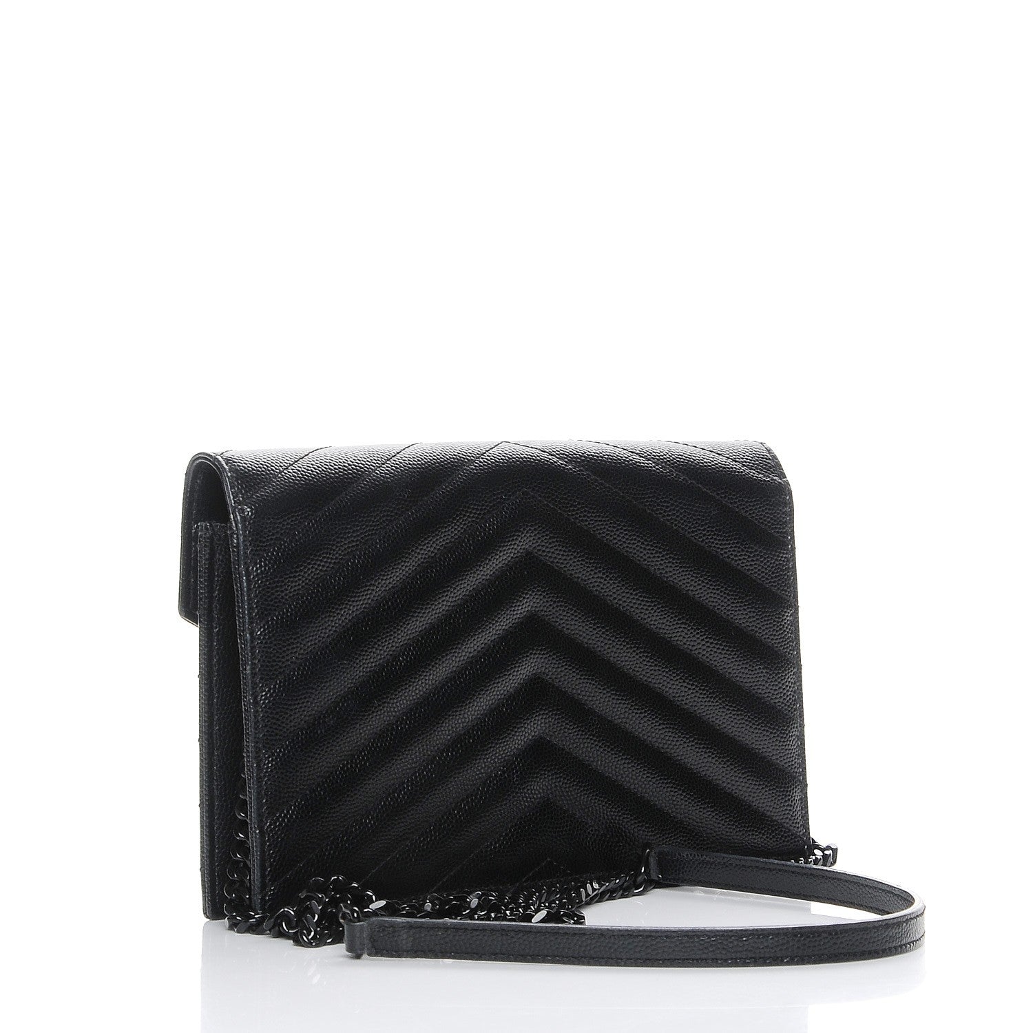 Saint Laurent Grain De Poudre Matelasse Chevron Monogram Envelope Chain Wallet Black 3 of 9