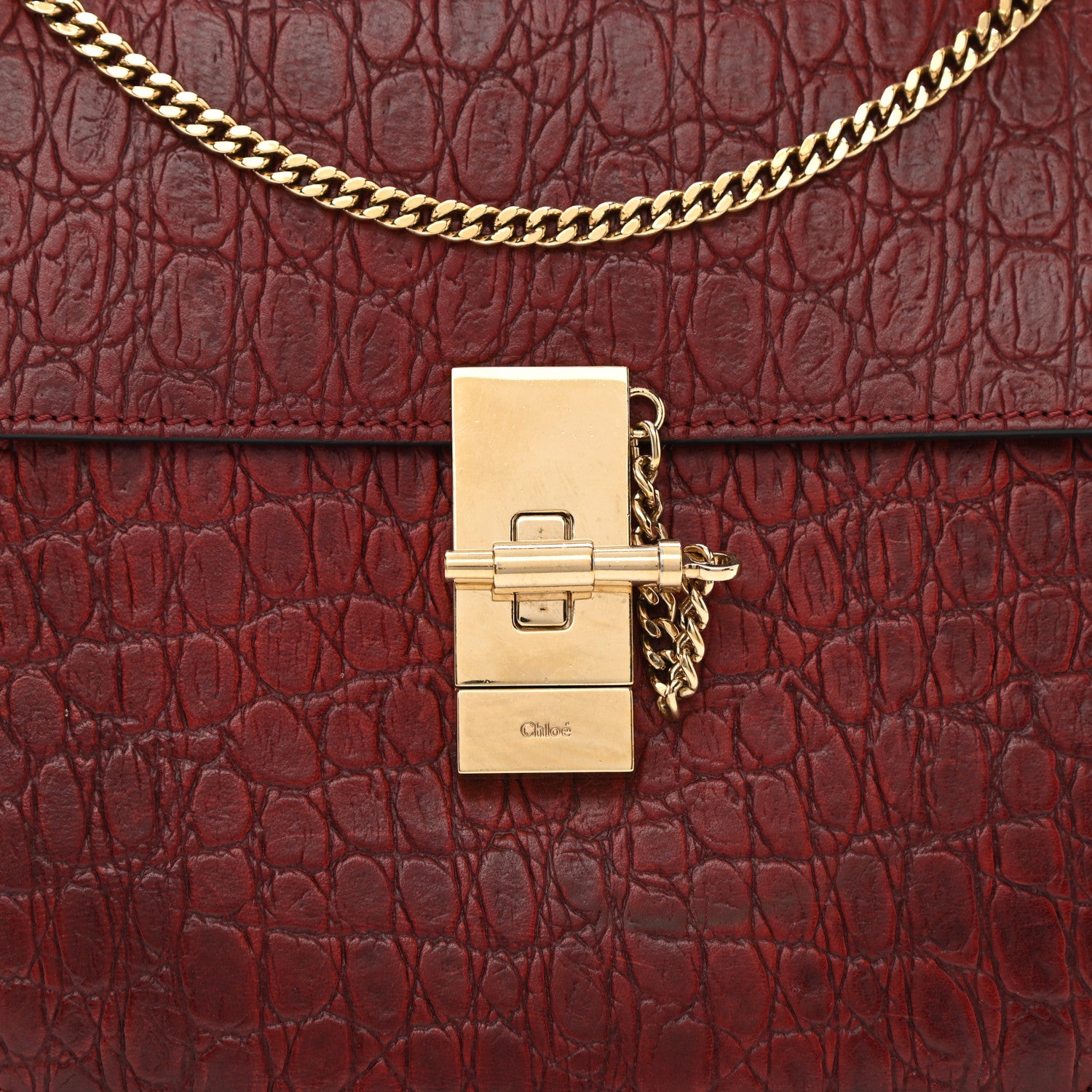 Chloe Calfskin Crocodile Embossed Drew Shoulder Bag Sienna Red 7 of 9