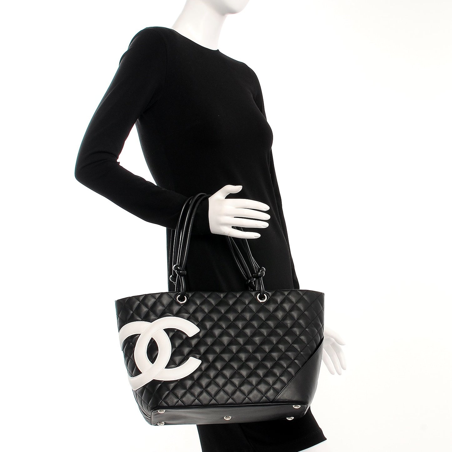 Calfskin Quilted Large Cambon Tote Black White