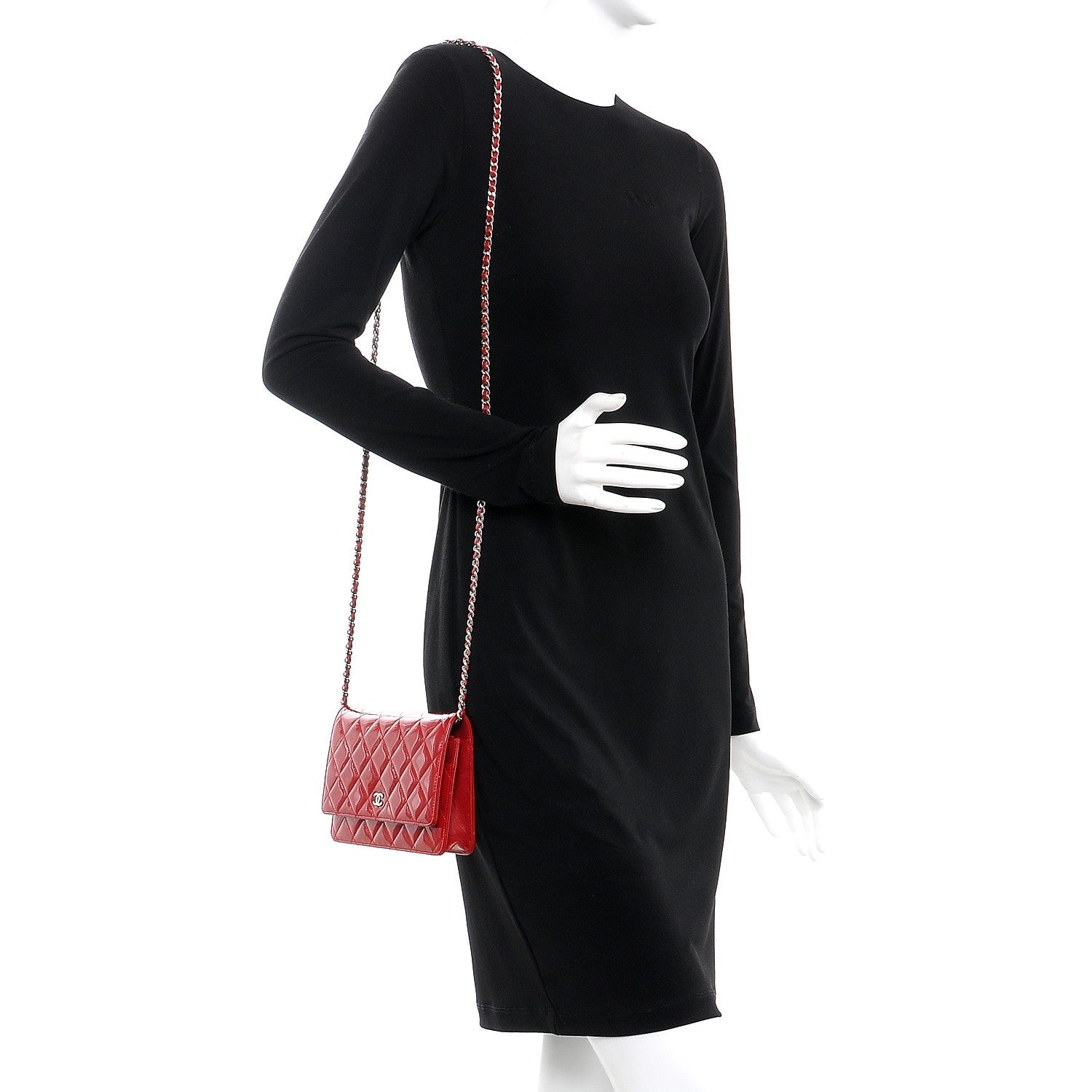 Chanel Patent Quilted Wallet On Chain WOC Red 2 of 9