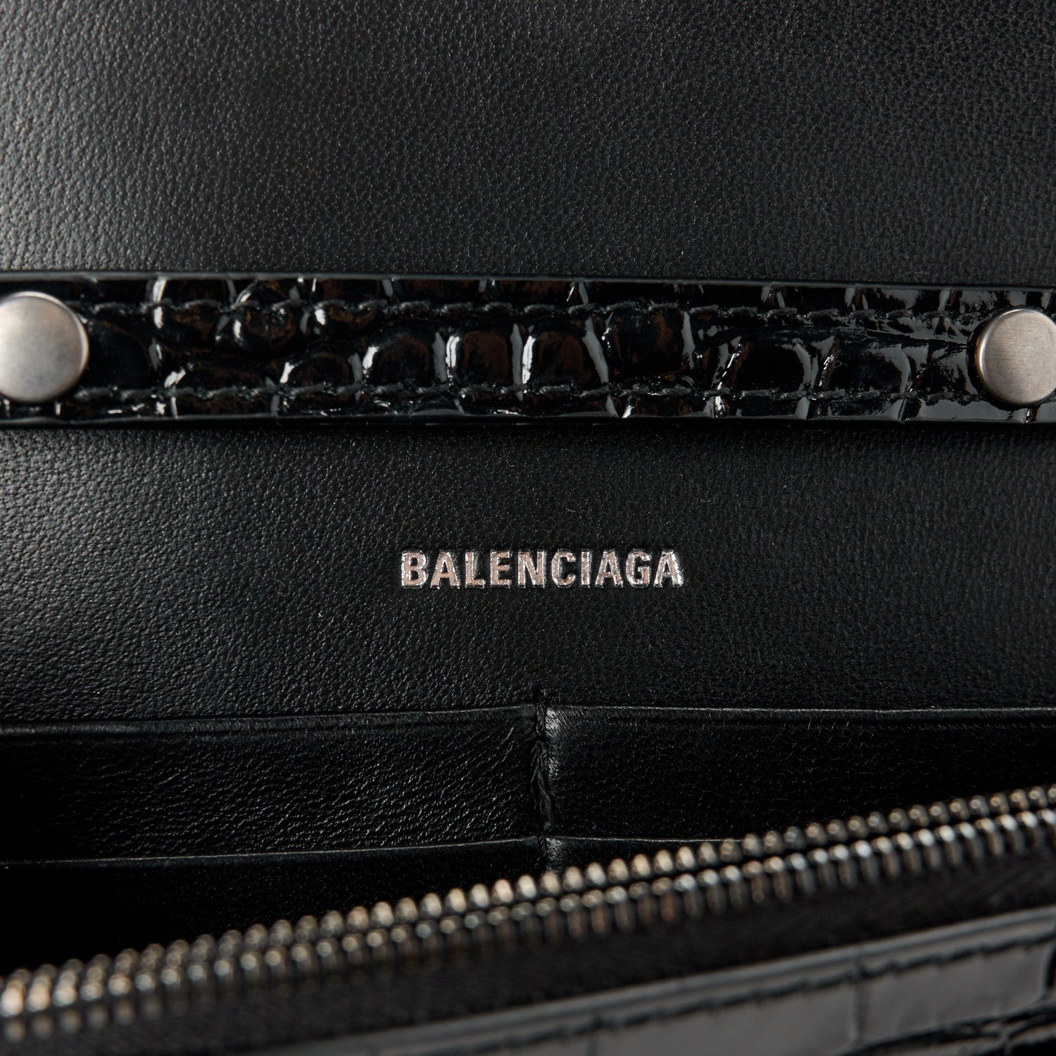 Balenciaga Shiny Calfskin Monochrome Crocodile Embossed Hourglass Chain Bag Black 6 of 11