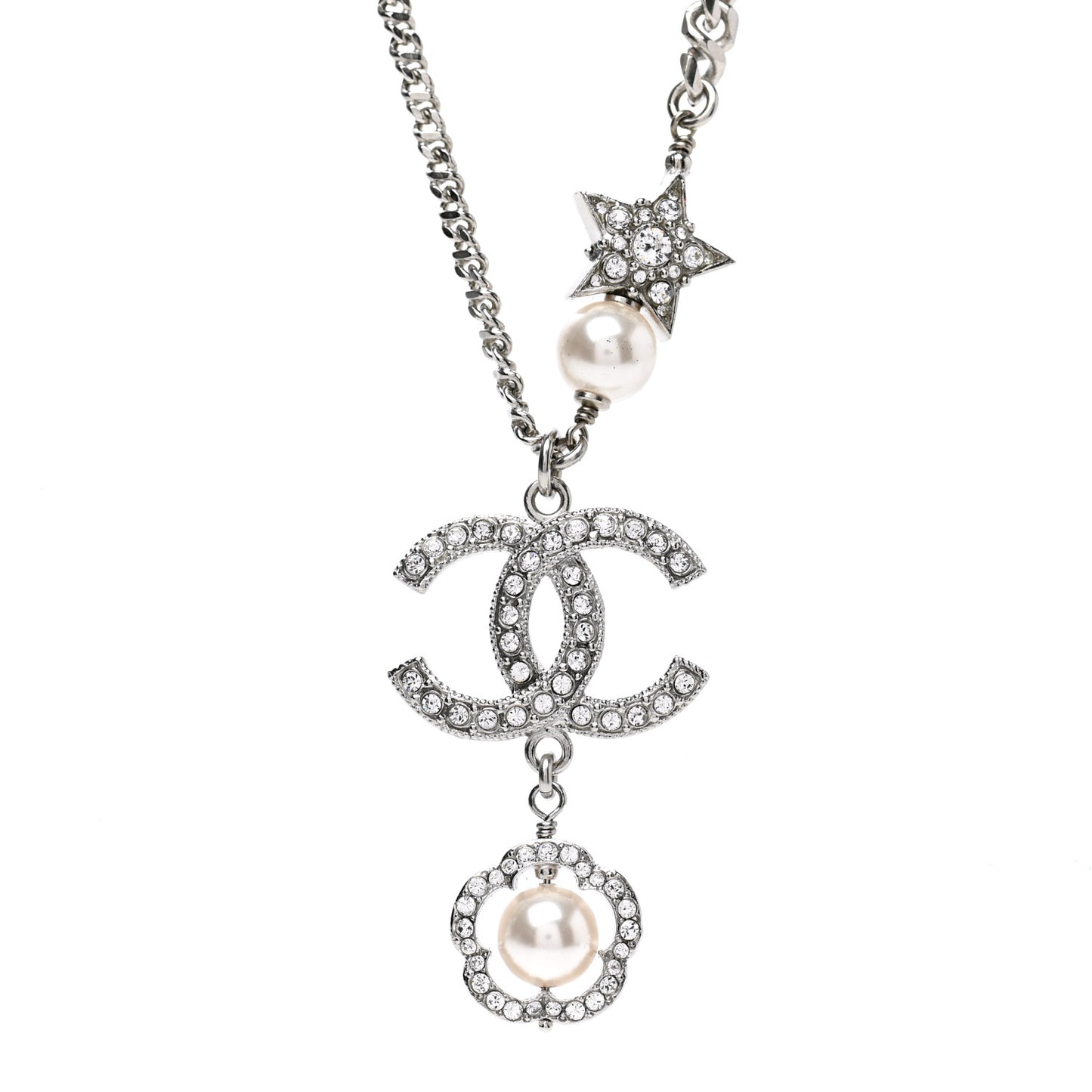 Crystal Pearl CC Star Necklace Silver