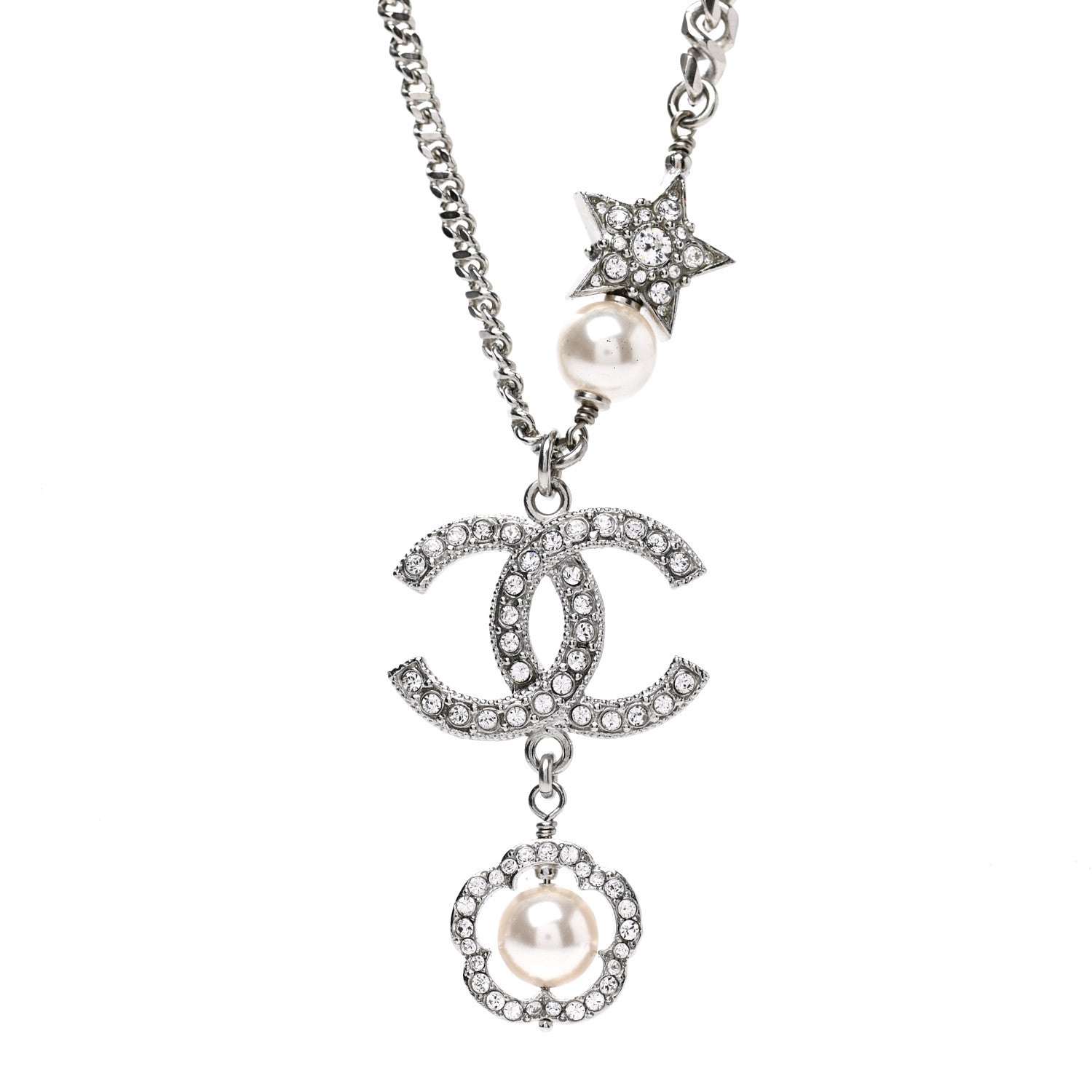 Chanel Crystal Pearl CC Star Necklace Silver 4 of 6