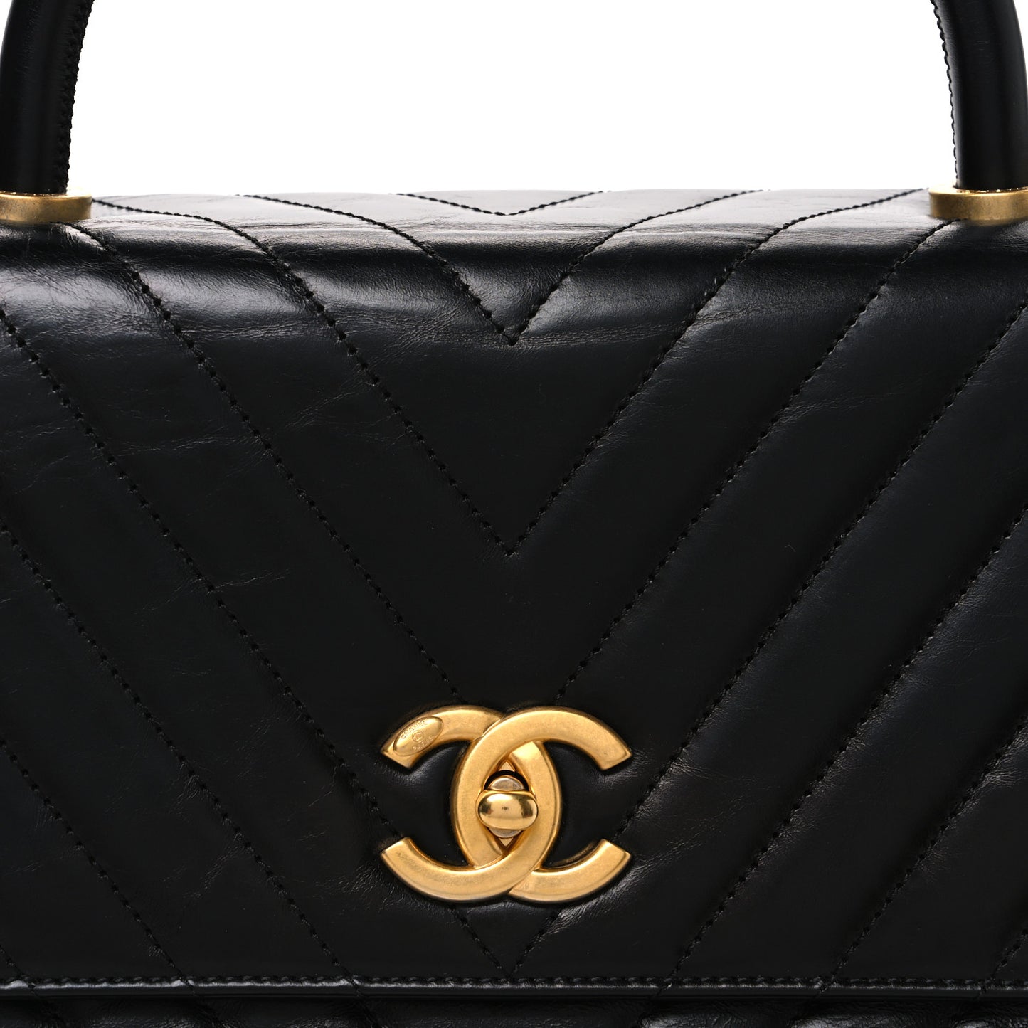 Aged Calfskin Chevron Quilted Medium Coco Handle Flap Black
