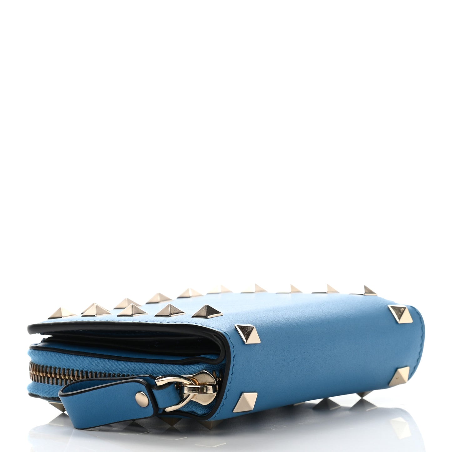 Calfskin Rockstud Compact Zip Around Wallet Light Blue