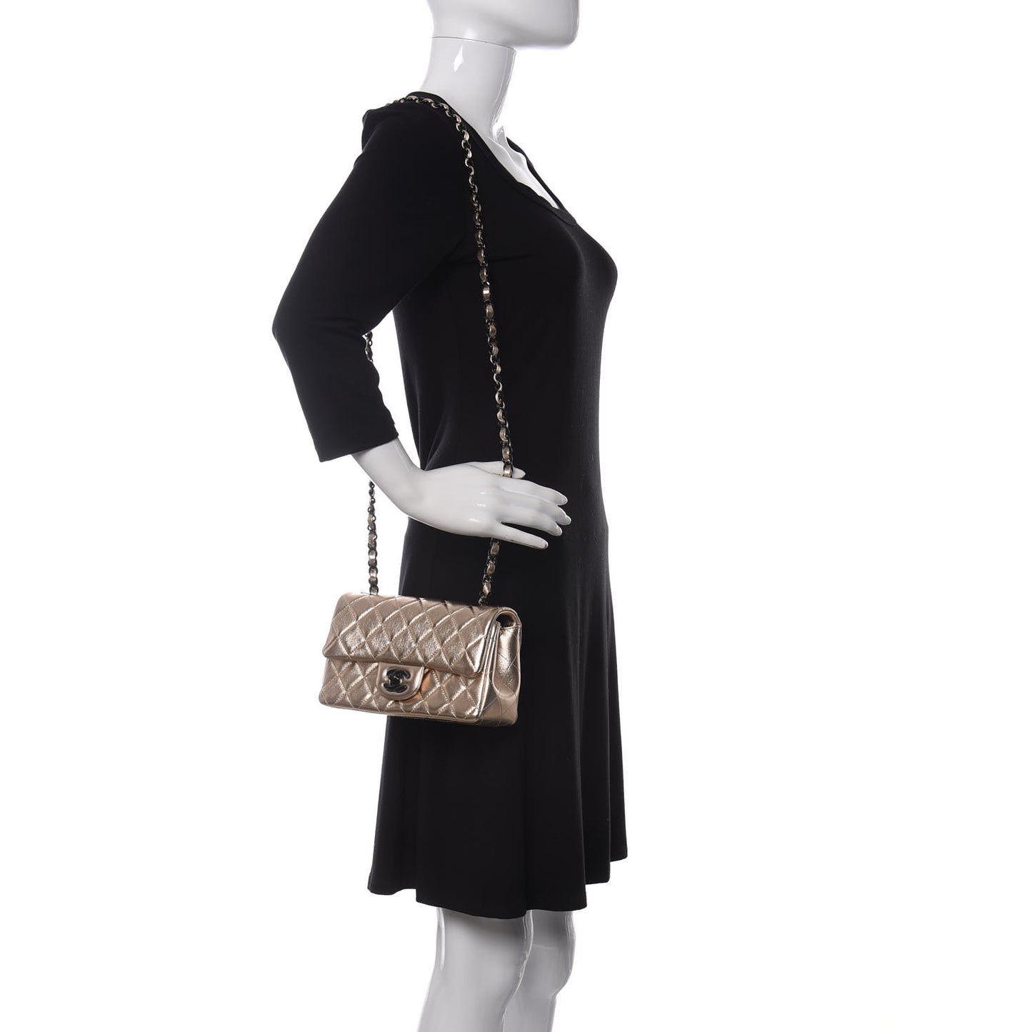 Metallic Lambskin Quilted Mini Rectangular Flap Gold Black