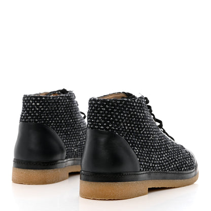 Chanel Tweed Calfskin Patent CC Lace Up Short Boots 38.5 Black Grey Dark Navy 4 of 10