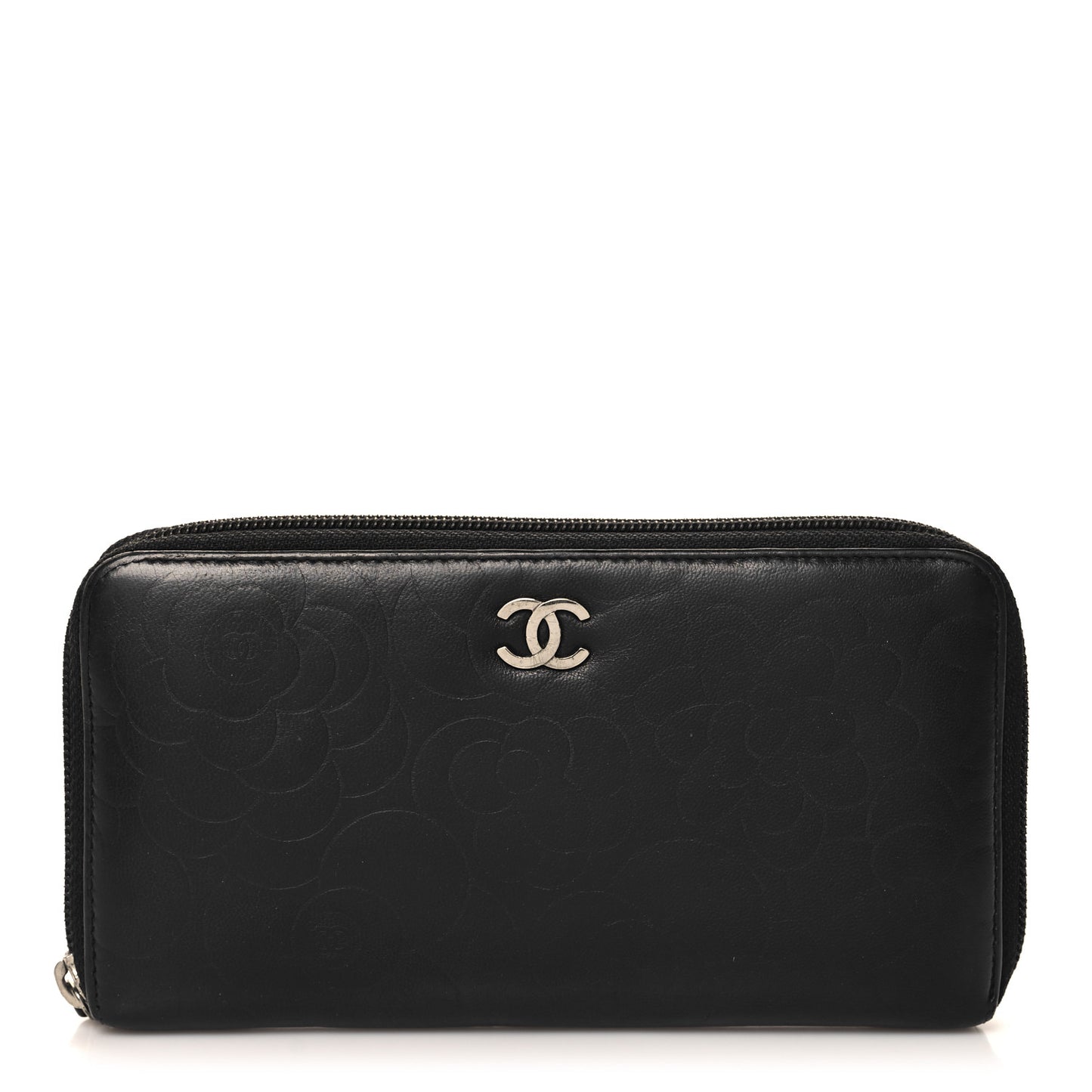 Lambskin Camellia Embossed Large Zip Around Gusset Wallet Black