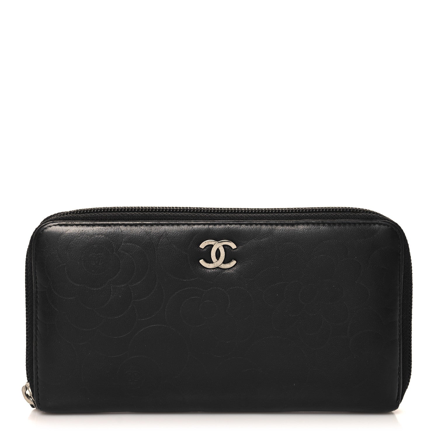 Chanel Lambskin Camellia Embossed Large Zip Around Gusset Wallet Black 1 of 10