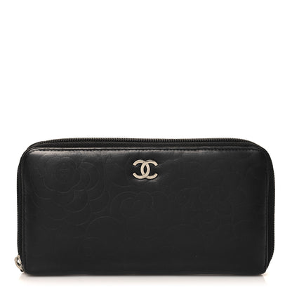 Chanel Lambskin Camellia Embossed Large Zip Around Gusset Wallet Black 1 of 10