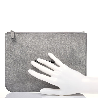 Balenciaga Glitter Calfskin Logo Everyday Pouch M Silver 2 of 13