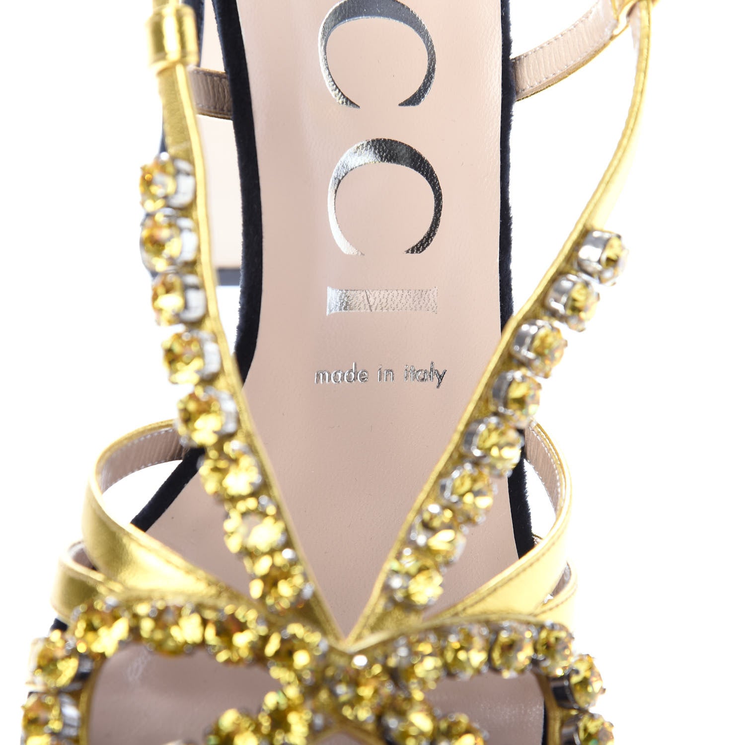 Gucci Velvet Nappa Crystal Zephyra Slingback Platform High Heel Sandals 38 Black Gold 10 of 11