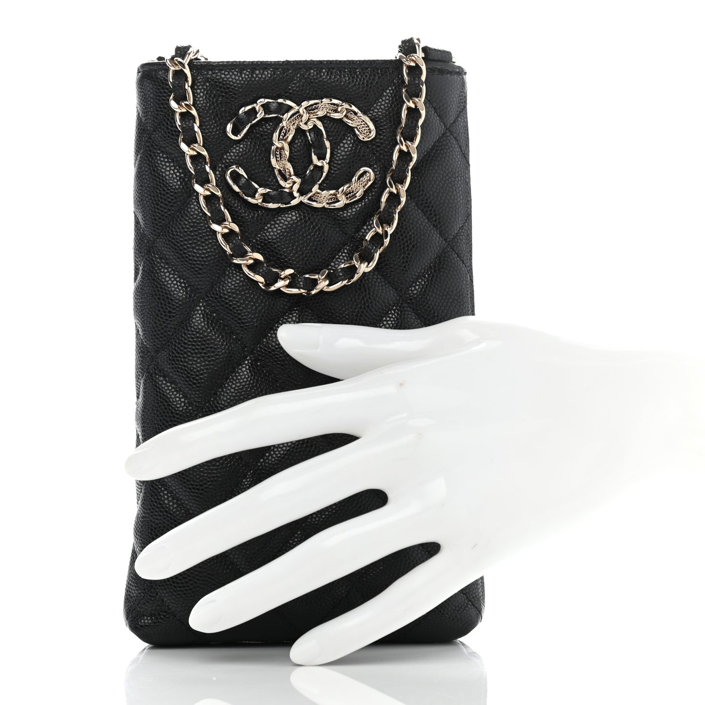 Caviar Quilted French New Wave Phone Holder With Chain Black