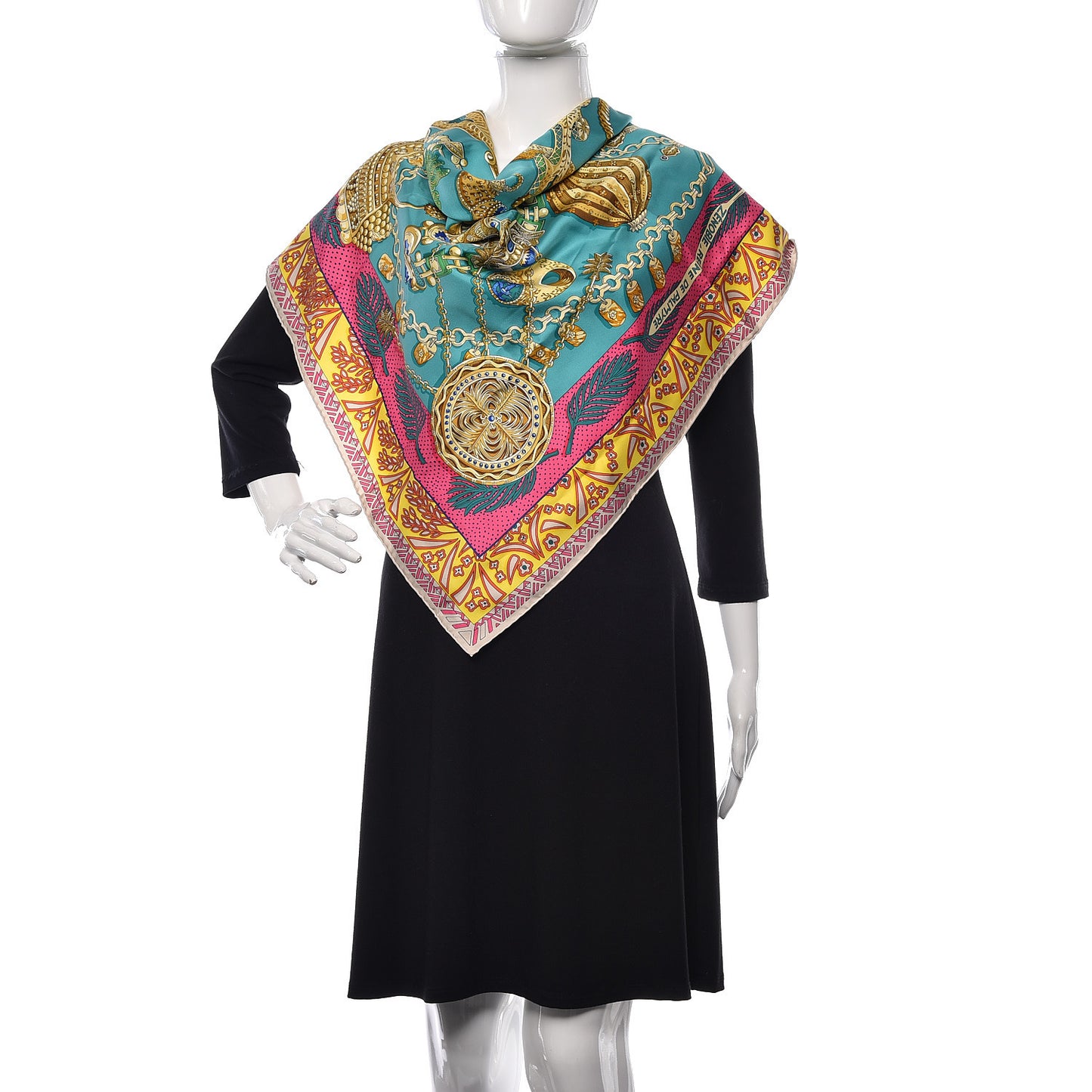 Silk Zenobie Reine De Palmyre Scarf 90 Vert d'Eau Rose Jaune Vif