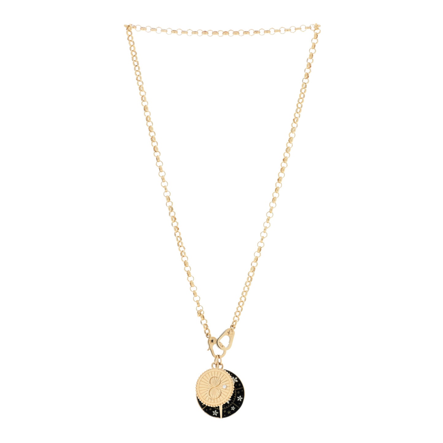18K Yellow Gold Diamond Enamel Medium Belcher Sister Hook Chain Karma Resilience Medallion Necklace