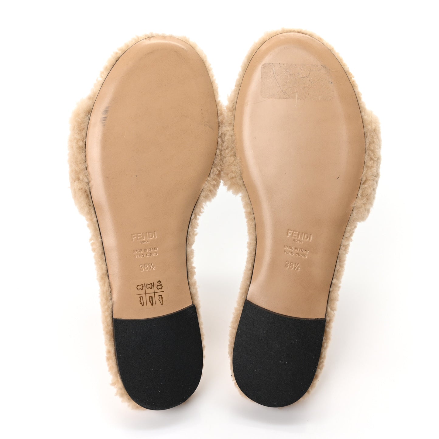 Shearling FF Baguette Slide Sandals 38.5 Beige Naturale