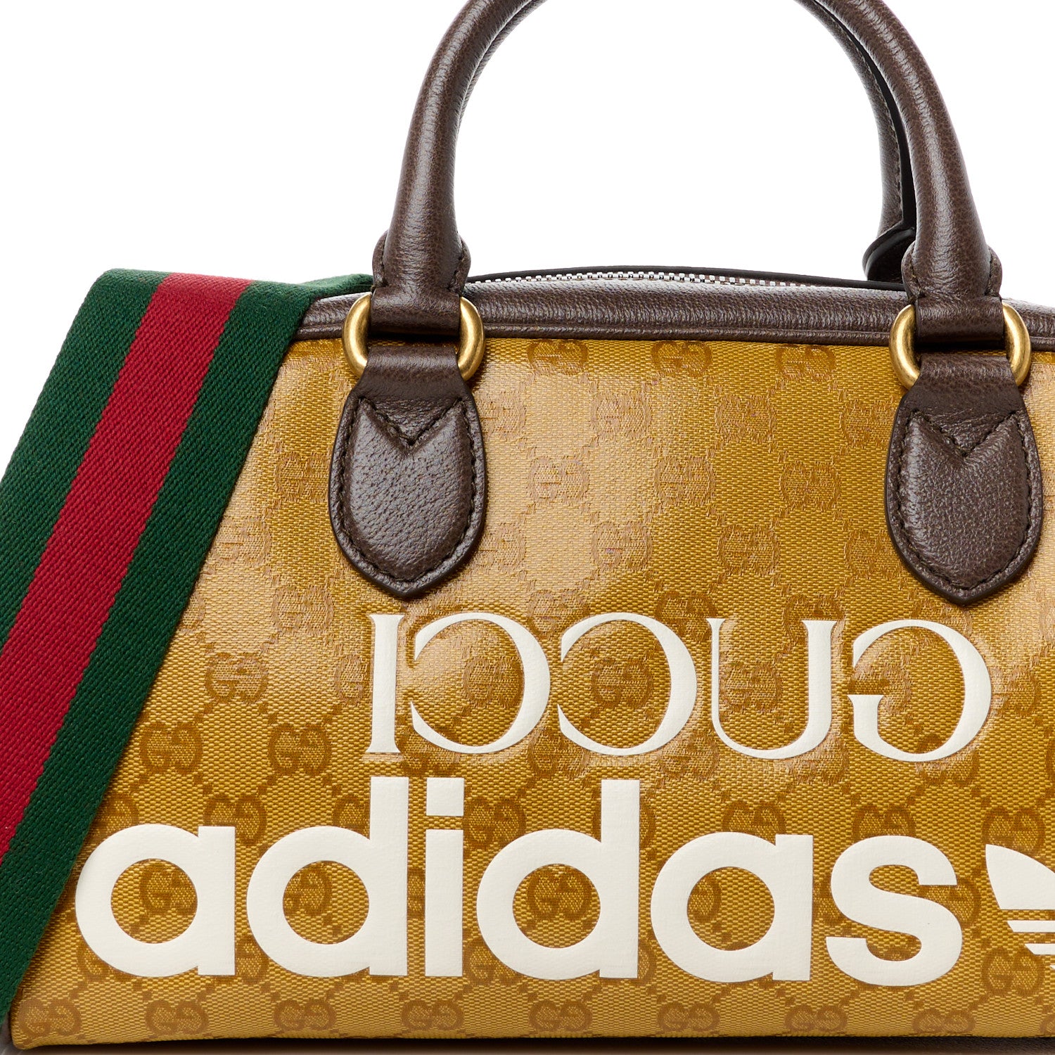 Gucci X ADIDAS Crystal Vintage Monogram Textured Dollar Calfskin Web Trefoil Logo Mini Bowling Bag Mid Natural Nut Off White New Acero 9 of 12