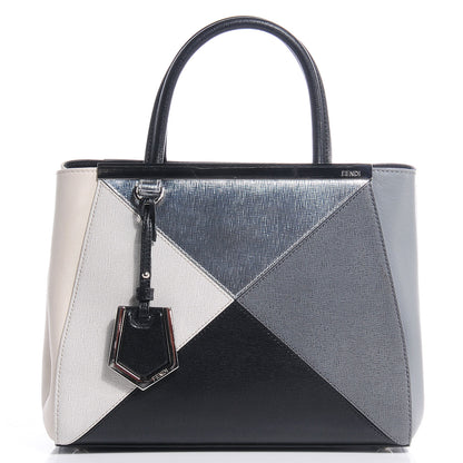 Fendi Vitello Elite Calfskin Colorblock Petite 2Jours Tote Black Multicolor White Argento 1 of 8