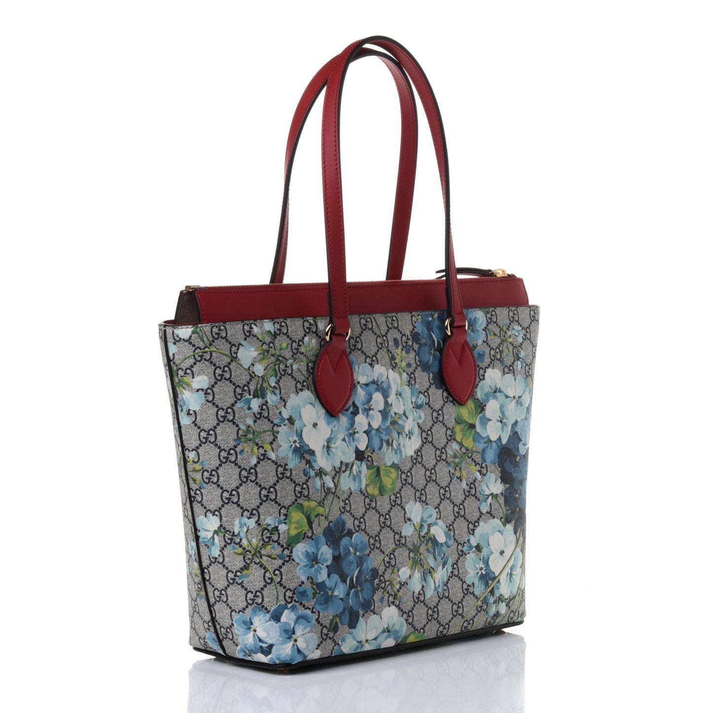 GG Supreme Monogram Blooms Medium Zippered Bucket Tote Beige Blue Navy Hibiscus Red