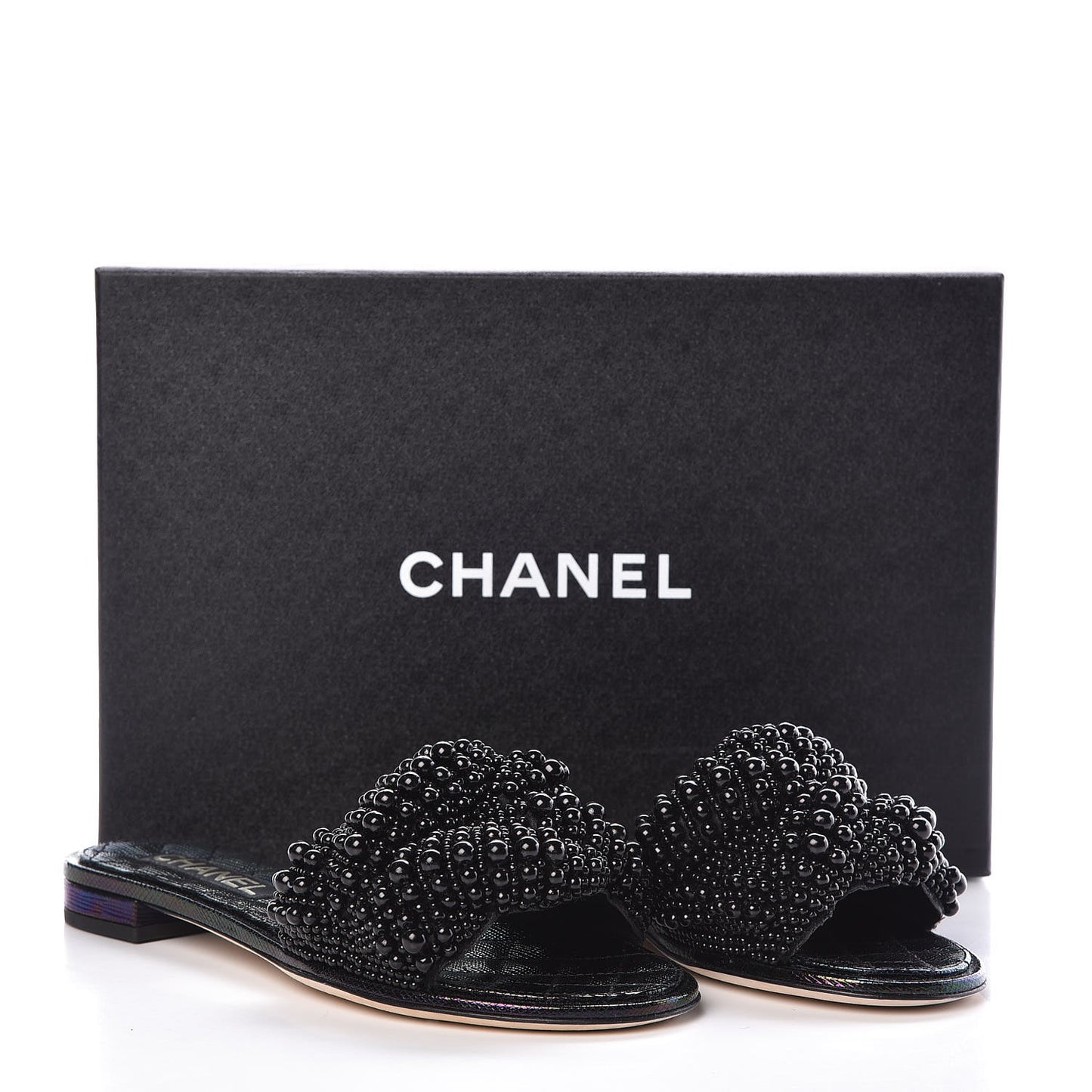 Fantasy Calfskin Pearl Cord CC Mules 38 Black
