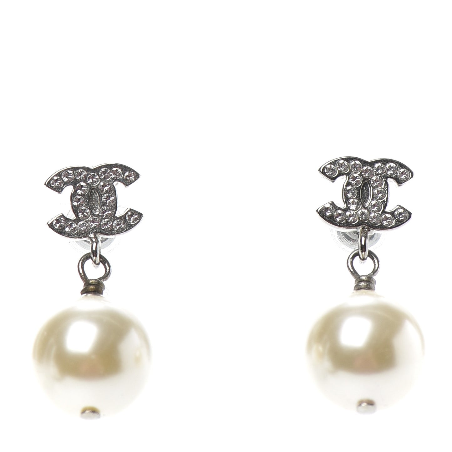 Crystal Pearl CC Drop Earrings Silver