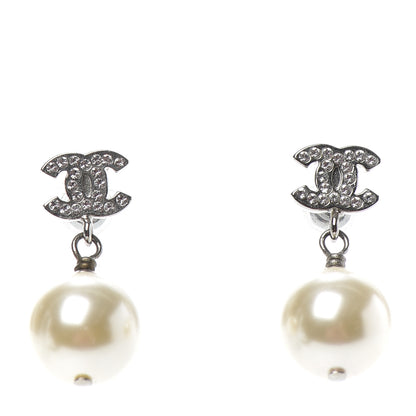 Chanel Crystal Pearl CC Drop Earrings Silver 1 of 4