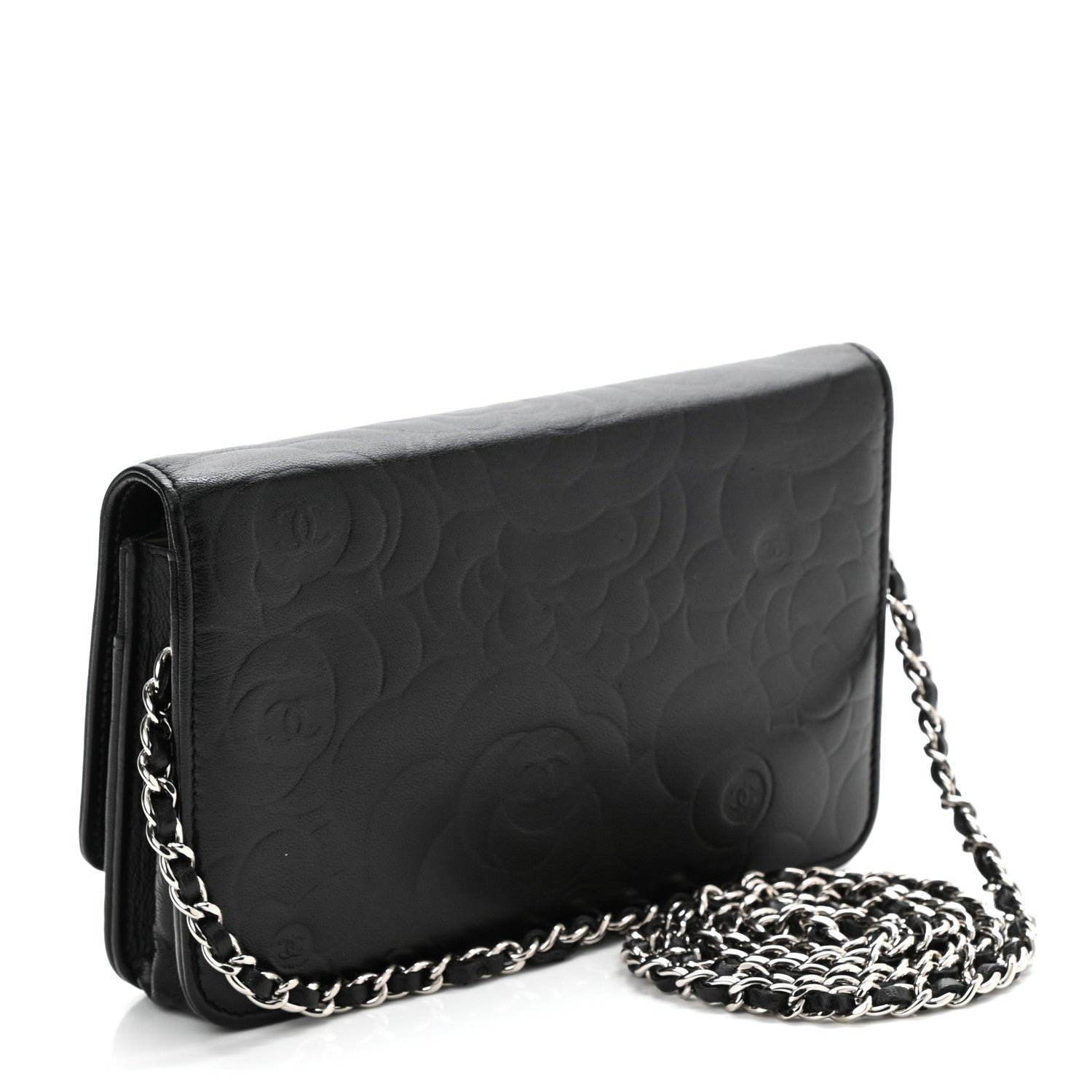 Chanel Lambskin Camellia Embossed Wallet on Chain WOC Black 3 of 11