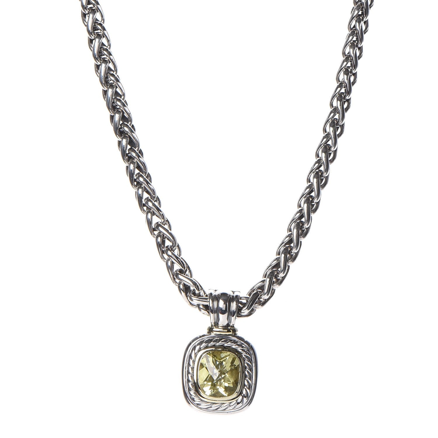 David Yurman Sterling Silver 14K Yellow Gold Lemon Quartz Albion Pendant Wheat Chain Necklace 1 of 7