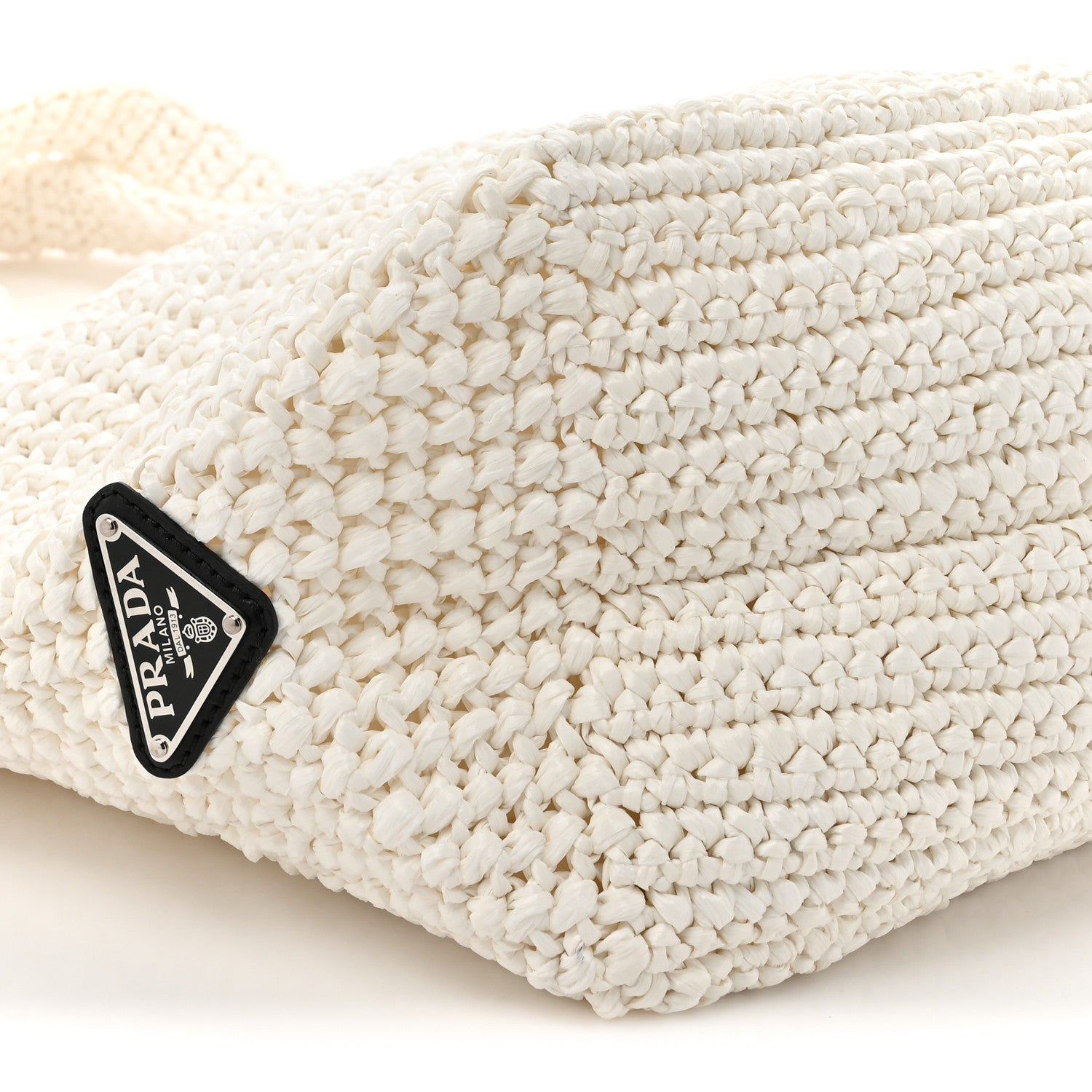 Prada Yarn Raffia Effect Crochet Embroidered Large Logo Tote White 9 of 9