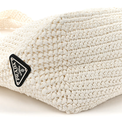 Prada Yarn Raffia Effect Crochet Embroidered Large Logo Tote White 9 of 9