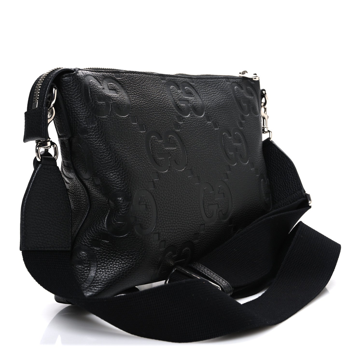 Gucci Piuma Calfskin Jumbo GG Embossed Medium Wristlet Messenger Bag Black 3 of 10