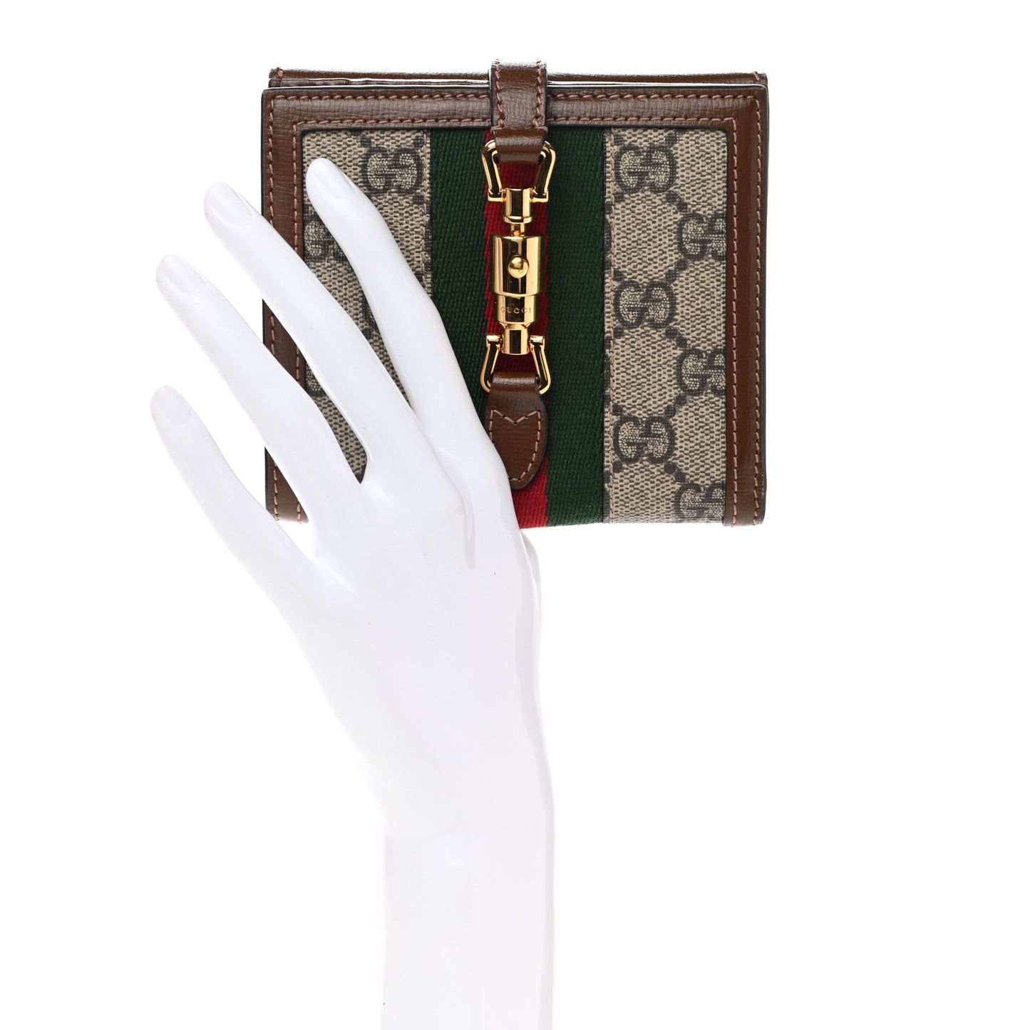 GG Supreme Monogram Textured Calfskin Web Jackie 1961 French Flap Wallet Beige Ebony Brown Sugar