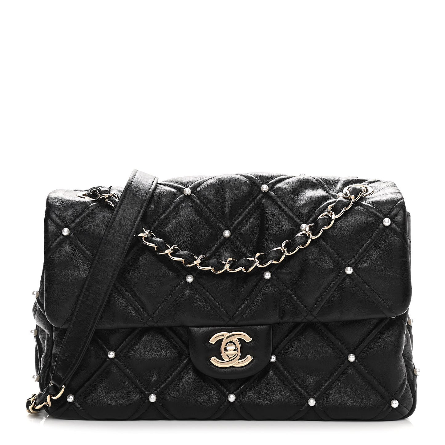 Lambskin Quilted Pearl Studded Flap Black