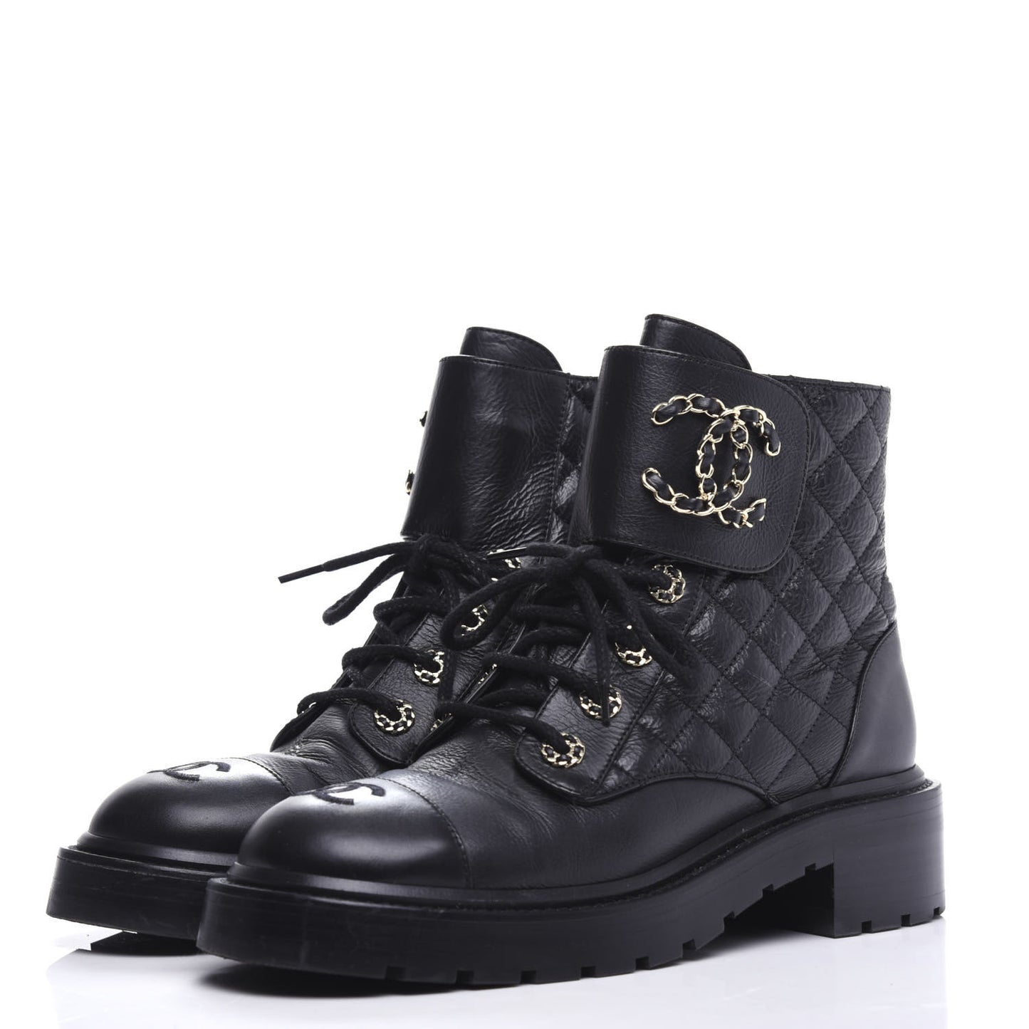 Shiny Goatskin Calfskin Quilted Lace Up Combat Boots 38 Black