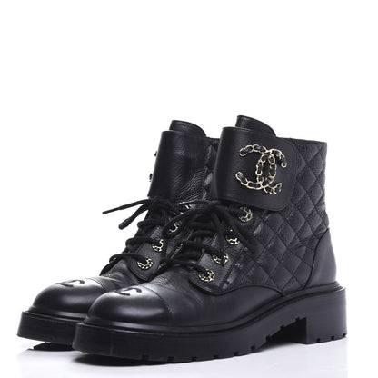 Chanel Shiny Goatskin Calfskin Quilted Lace Up Combat Boots 38 Black 3 of 10