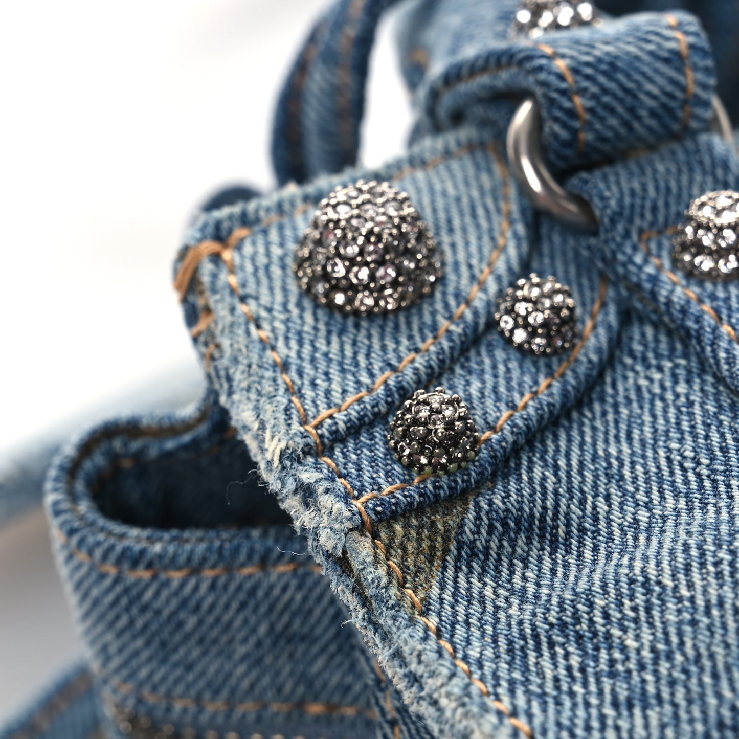 Washed Frayed Denim Crystal Neo Cagole Handbag XS Blue