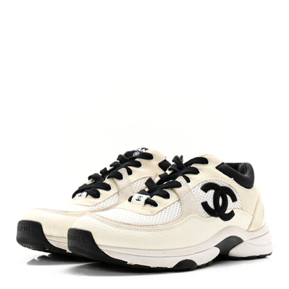 Chanel Mesh Suede Grained Calfskin Womens CC Sneakers 37.5 White Black 4 of 18