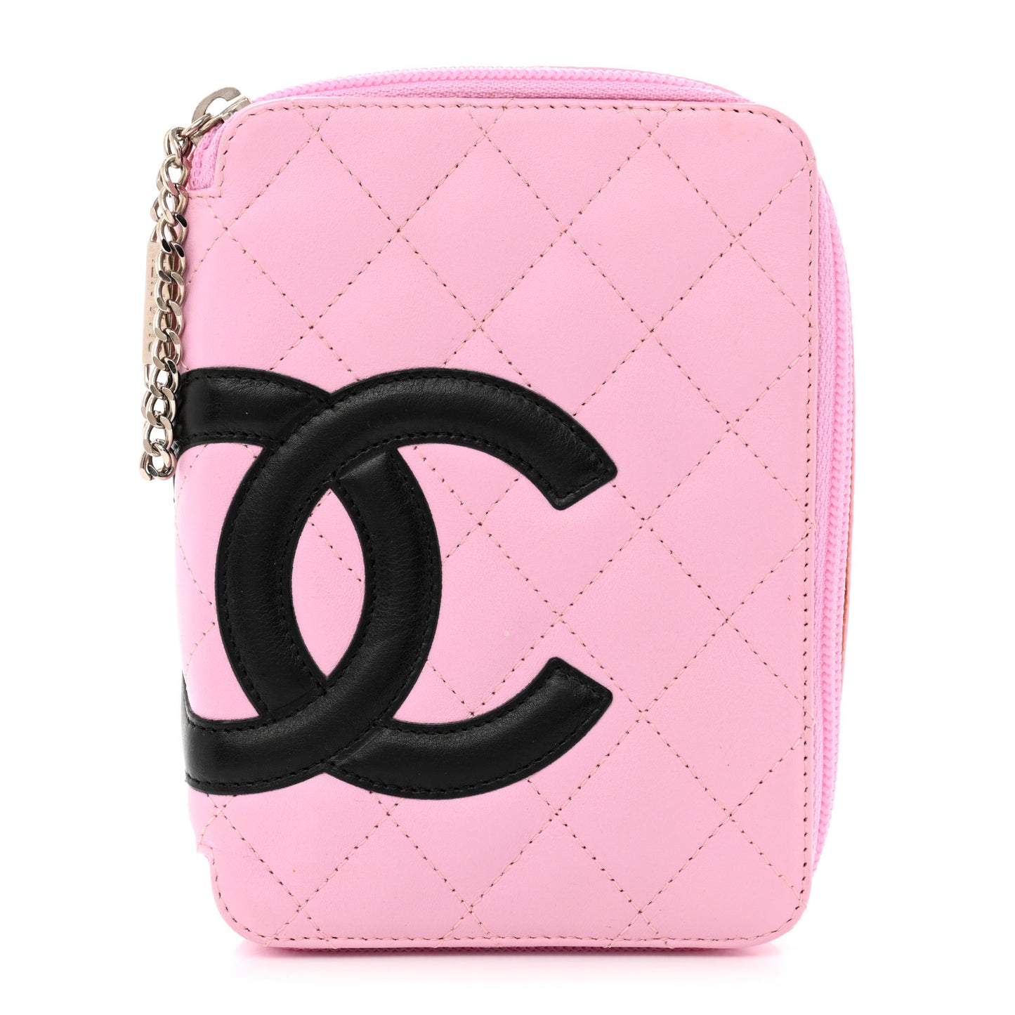 Calfskin Quilted Cambon Zip Around Makeup Pouch Pink Black