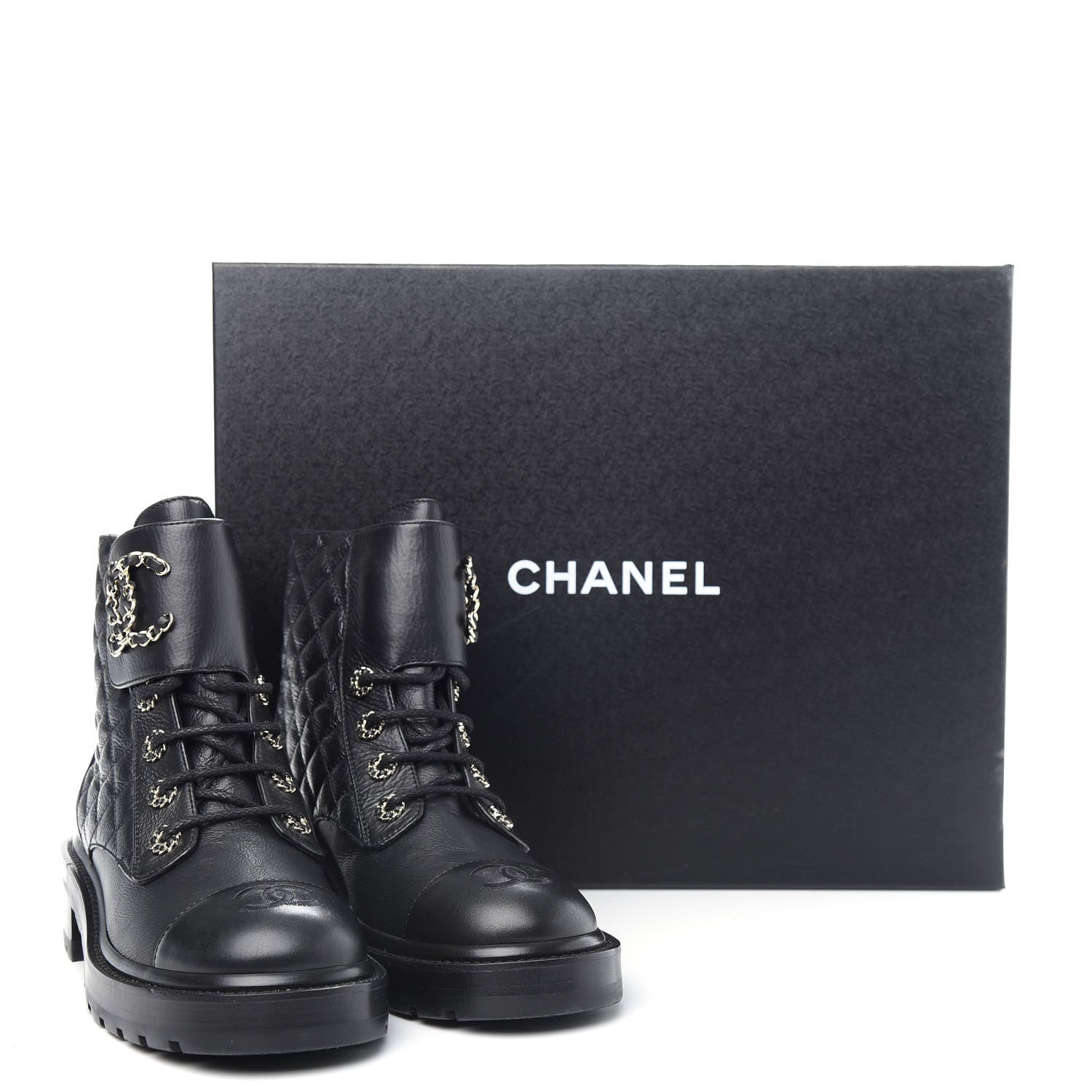 Chanel Shiny Goatskin Calfskin Quilted Lace Up Combat Boots 37.5 Black 11 of 11