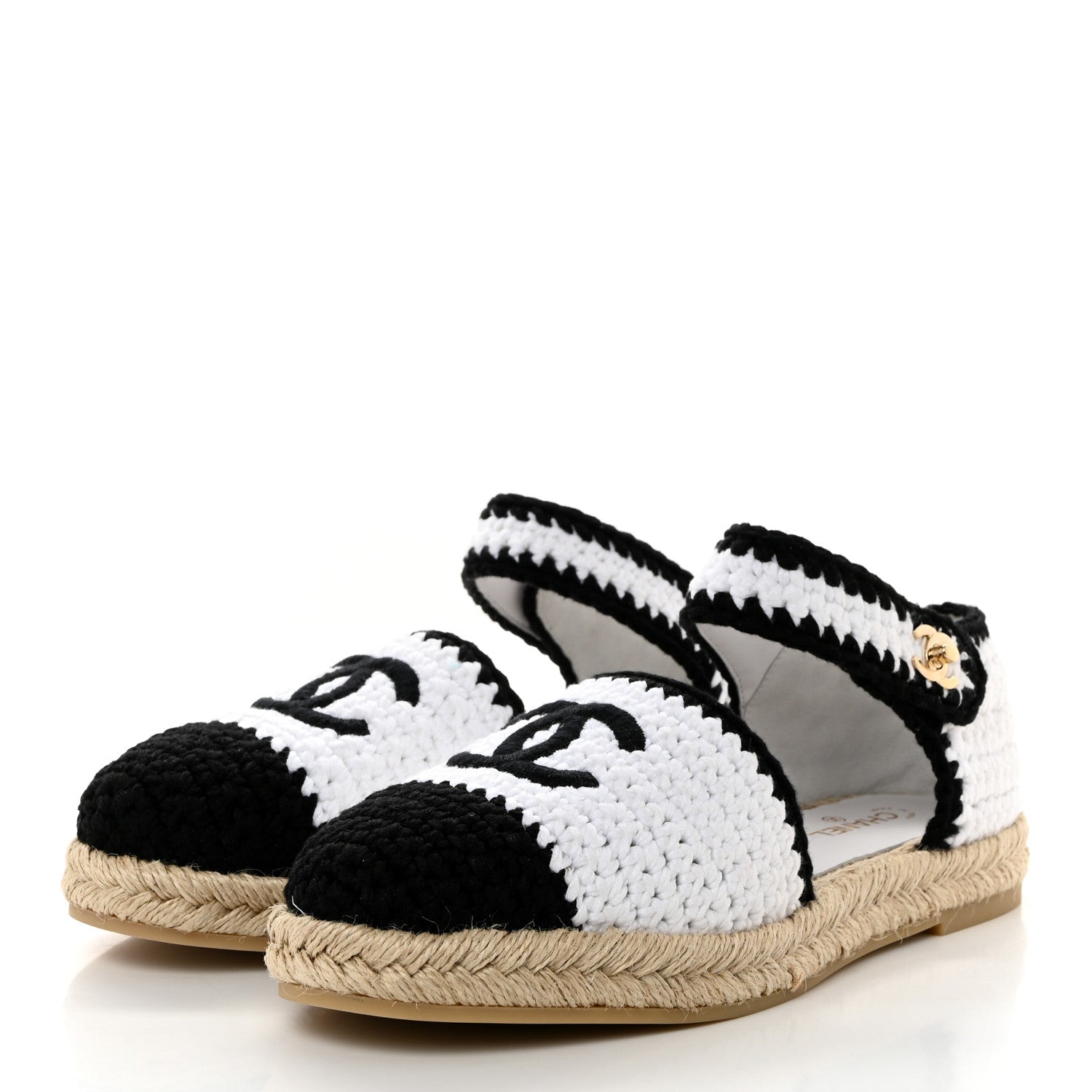 Chanel Braided Knit Cap Toe CC Ankle Strap Espadrilles 39 White Black 3 of 9