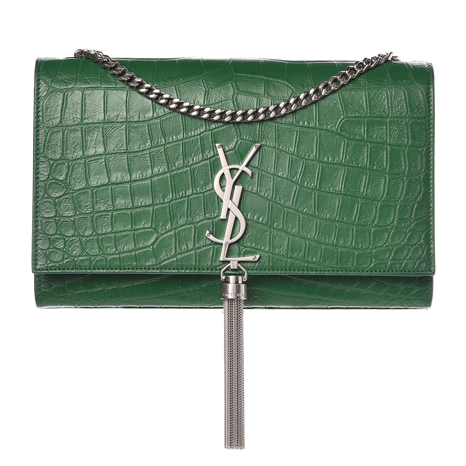 Saint Laurent Calfskin Crocodile Embossed Medium Classic Monogram Kate Tassel Satchel Green 1 of 7