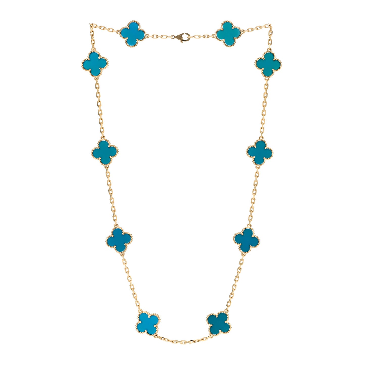 18K Yellow Gold Blue Agate 10 Motifs Vintage Alhambra Necklace