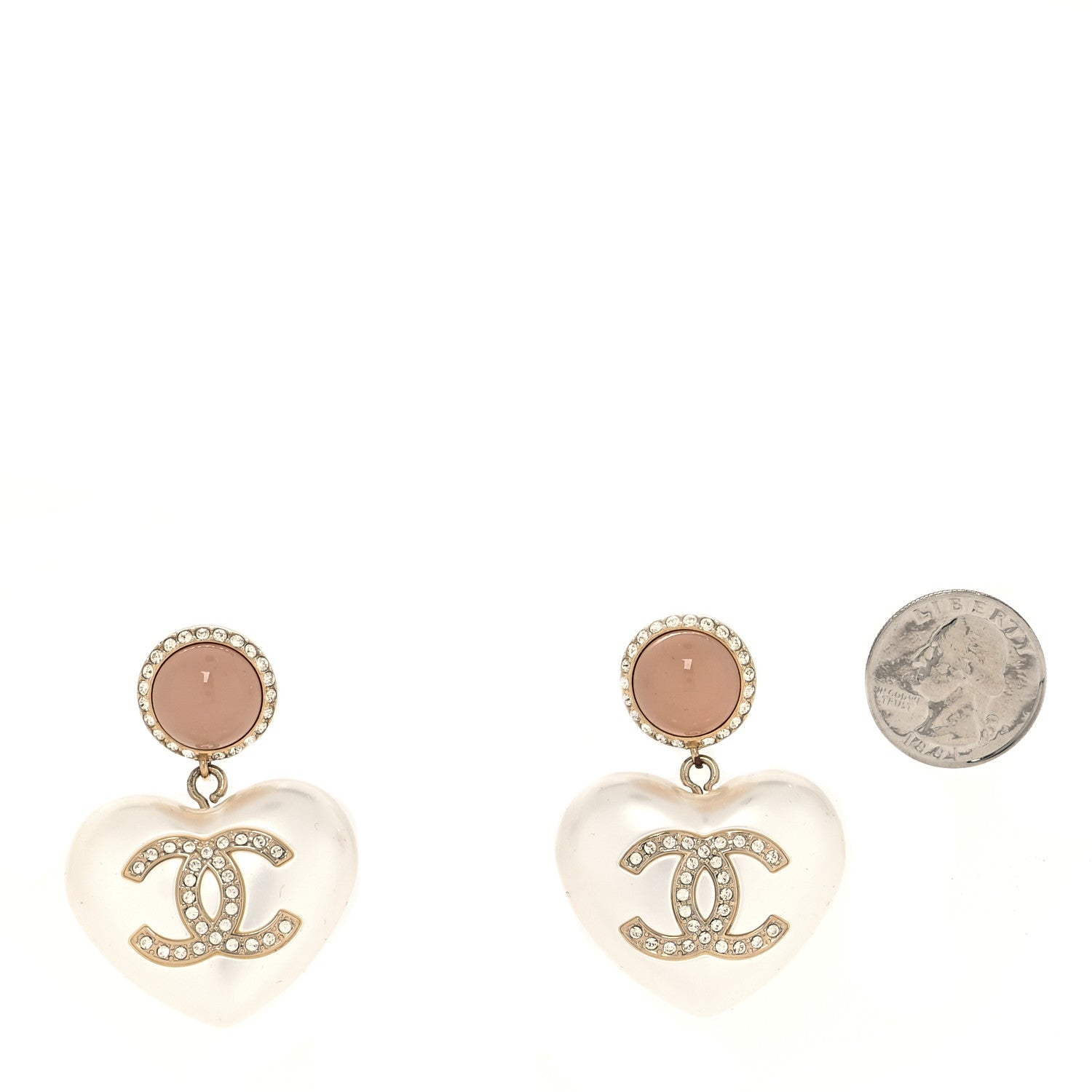 Chanel Pearl Resin Crystal CC Heart Drop Earrings Pink Gold 2 of 4