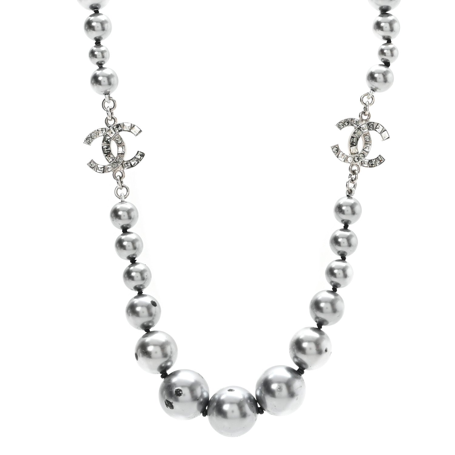 Chanel Crystal Baguette Graduated Pearl CC Short Necklace Silver Grey 1 of 5