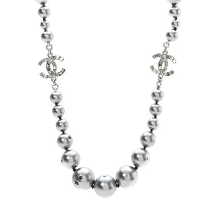 Chanel Crystal Baguette Graduated Pearl CC Short Necklace Silver Grey 1 of 5
