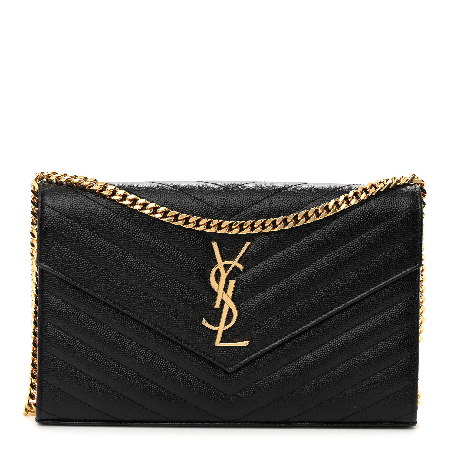 Saint Laurent Grain De Poudre Matelasse Chevron Monogram Chain Wallet Black 1 of 15